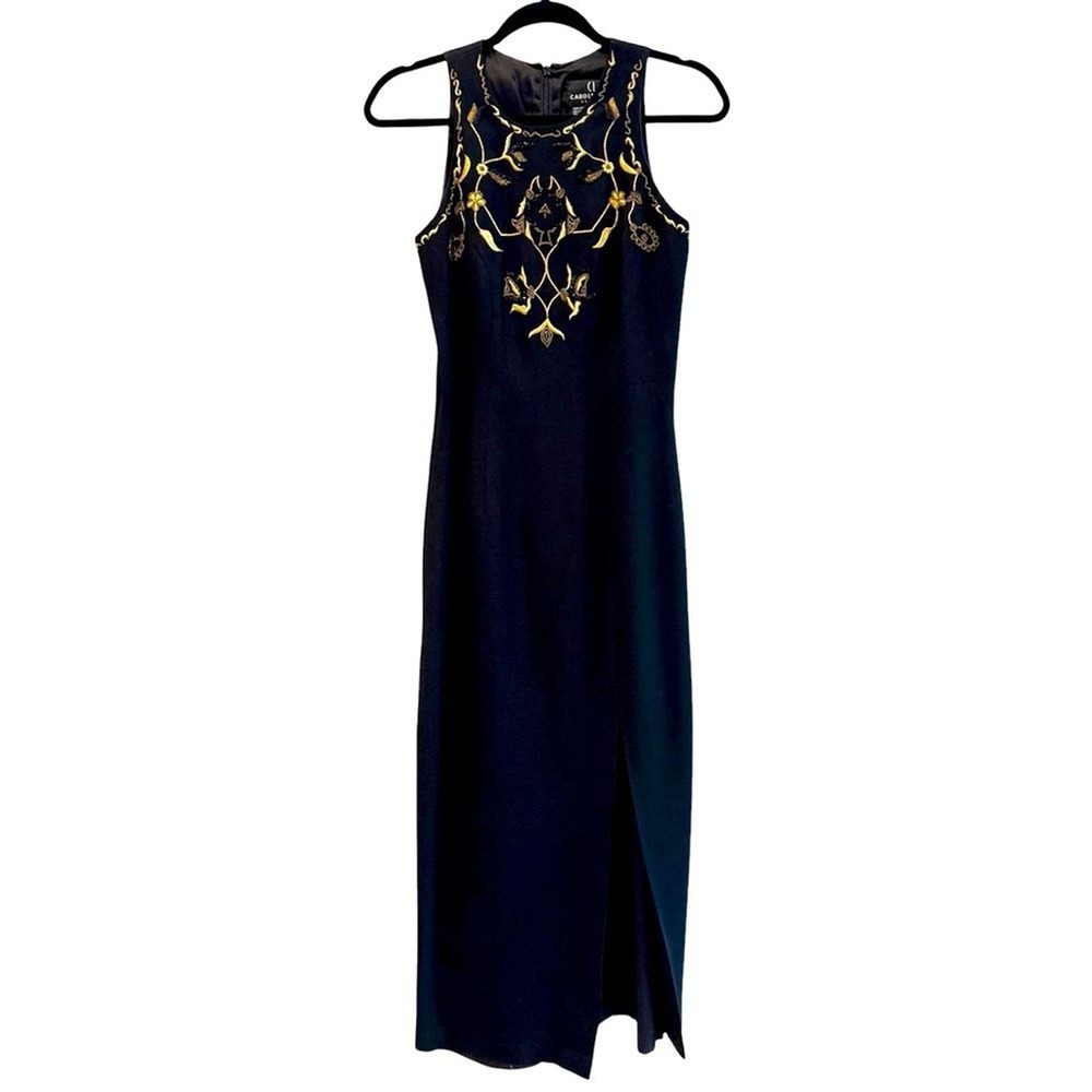 Carole Little Vintage Black Gold Embroidered Beaded Maxi Dress Slit Size‎ 4
